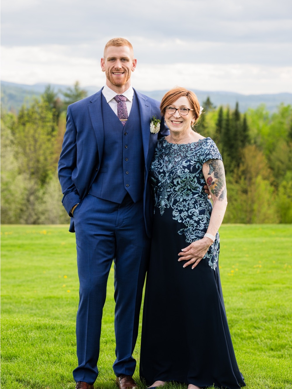 Mother of the Groom - Elegant Navy and Teal Lace-Embroidered Evening Gown